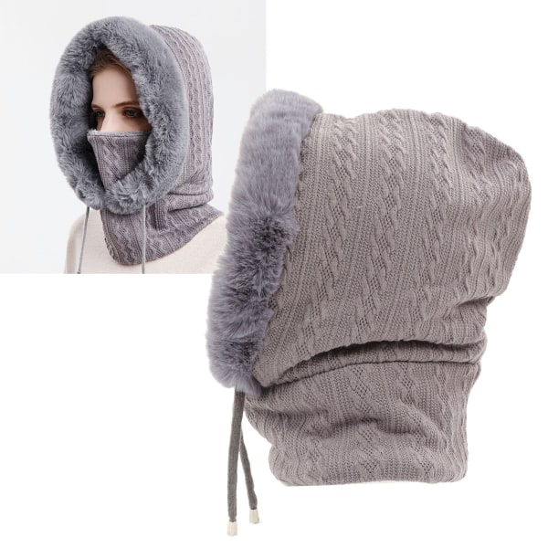 Naisten talvihattu, jossa on integroitu hattu, huivi ja kasvonaamari, kylmänkestävä ulkoilupäähine, harmaa