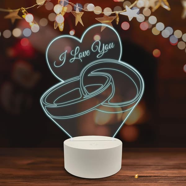 Bryllup 3D LED Bordlampe, Ekteskaps- og Forlovelsesring Hør
