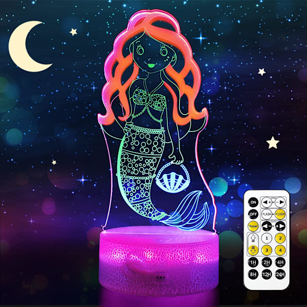Lille Havfrue 3D Natlampe, Dynamiske RGB Farver Skiftende 3D Illusion Lampe med Smart Berøring og Fjernbetjening