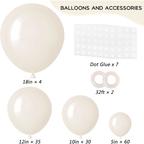 129 stk. Elfenbenshvide balloner i forskellige størrelser 18 12 10 5 tommer Latex ballonbue til festdekoration Fødselsdag Køn afsløring Bryllup Jubilæum Ivory White