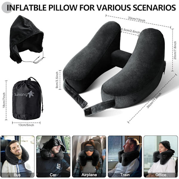 Nackkudde för resor Uppblåsbar flygplansdyna Stöder bekvämt huvud, nacke och haka, uppblåsbar resedyna med mjuk velouröverdrag, hatt, bärbar Premium Black with Hat