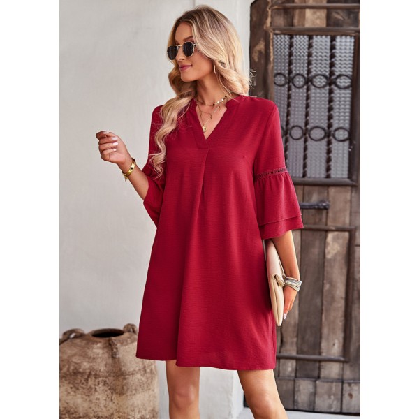 Puff Sleeve Solid Color Loose Flowy Mini Dress (Vinrød S)