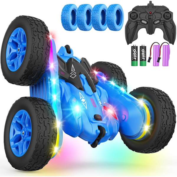 Fjärrstyrd bil, stunt RC-bil leksaker Ny uppgraderad strip lights och strålkastare bil leksaker dubbelsidig 360° roterande 4WD Rc Drift Truck för barn Blue