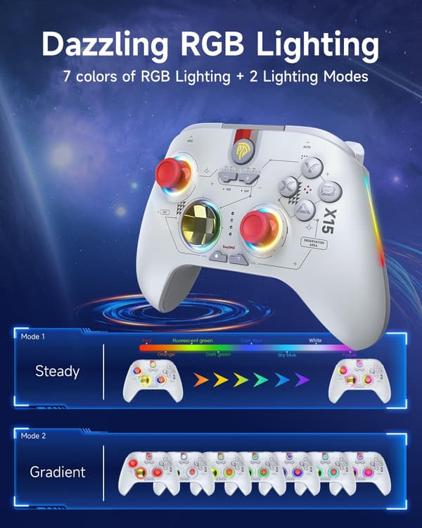 X15 PC-controller - Forbedret trådløs Bluetooth-controller med Hall-joysticks/Hall-aftræk/RGB-belysning - Ingen stickdrift, ingen dødzone - Fungerer til W white