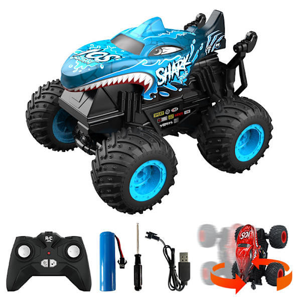 Kauko-ohjattava auto, 2,4 GHz:n kauko-ohjattava monster truck, RC-autot 2 akkua 60 minuuttia+, RC-temppuauton lelut valolla ja äänellä, sisä- ja ulkokäyttöön lapsille ja aikuisille Blue