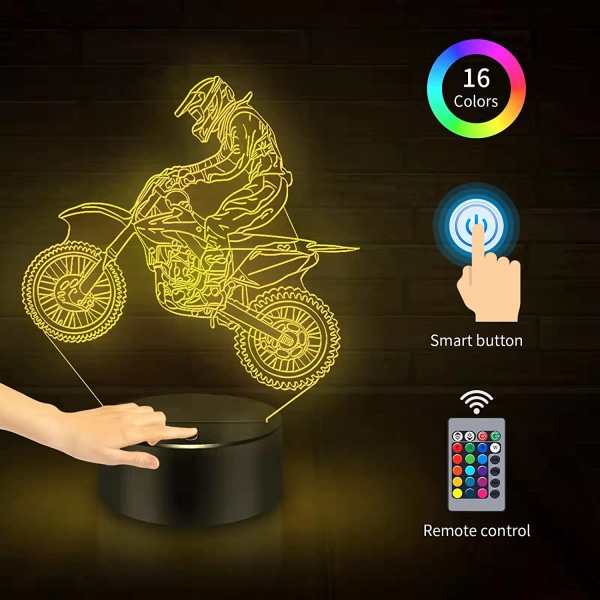 Dirt Bike Gift 3D Night Light, 16 färger Ändringar Fjärrkontroll Forts
