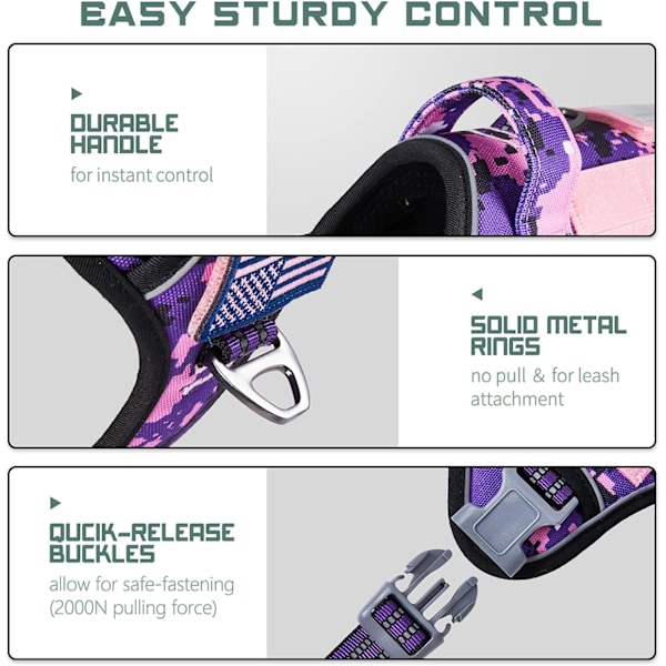 Taktisen koiran valjaat suurille koirille, ei vedä, kuuluisa TIK Tokin ei-vetovaljaat, sopii älykkäisiin heijastaviin lemmikkien kävelyvaljaisiin koulutukseen, säädettävä Purple Camo XL