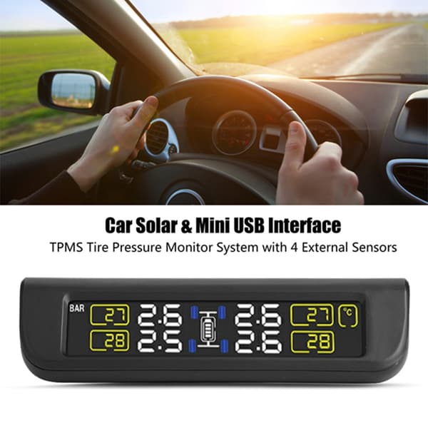 Bilsol & Mini USB Interface TPMS Dækpressionsovervågningssystem Alarm med 4 Eksterne Sensorer