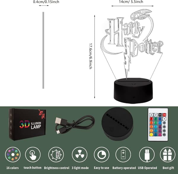 3D Natlampe Harry Potter Illusionslampe Farveskiftende LED