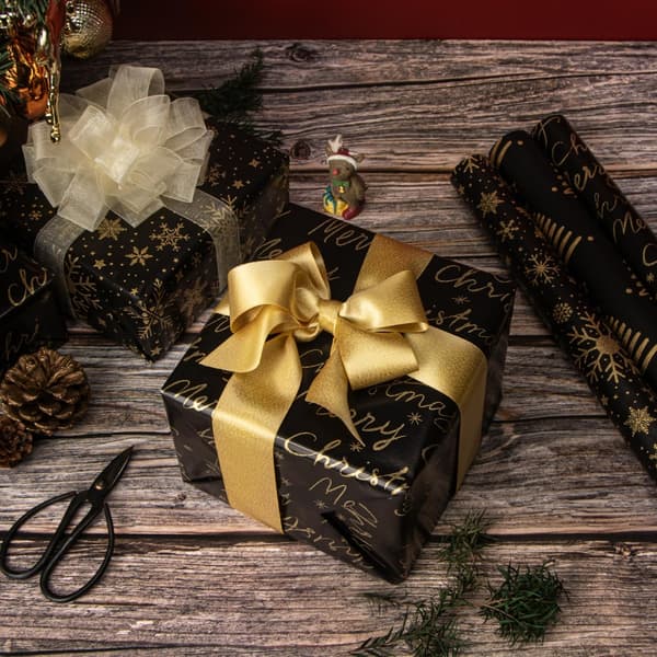 Mini Svart Guld Julklappspapper 43x305cm Glitter Snöflinga Träd 3-pack