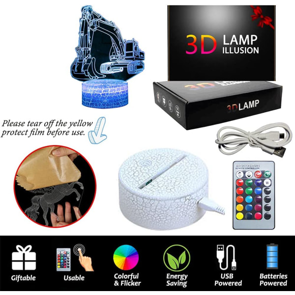 3D Grävmaskin Nattlampa, USB-kabeldriven LED Illusion Nattlampa