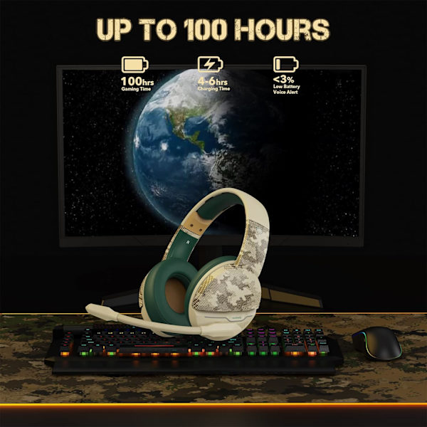 G08 Trådlöst Gaming Headset med Mikrofon: 100 timmars batteritid, 10 m räckvidd, Unik ökenfärg, Kompatibel med PS4/PS5/PC/Mac