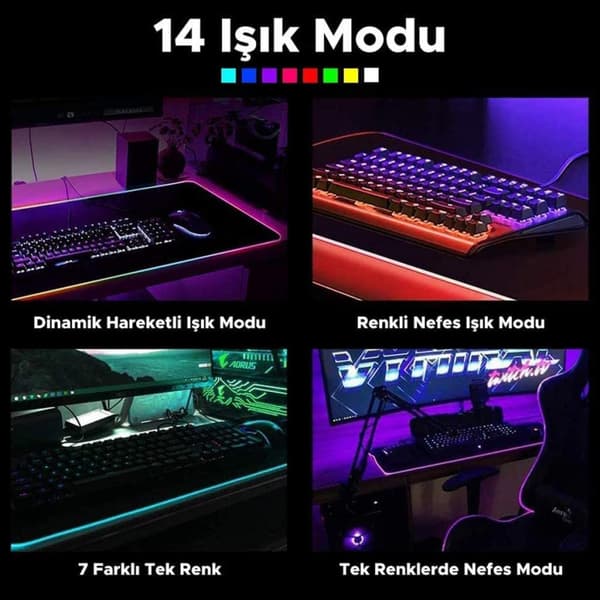 Stor RGB LED-belyst spillmatte for spill, musematte med sklisikker bunn 40x90cm