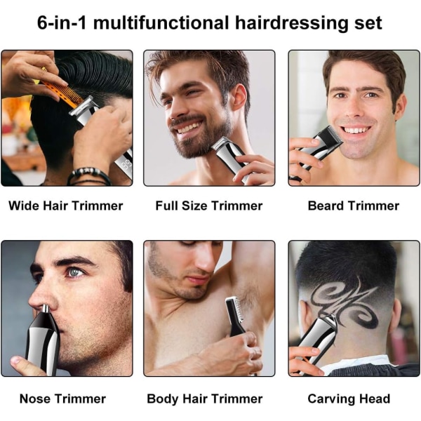 Skäggtrimmer för män Hårklippare Kropp Mustasch Näs Hår Trimmer Sladdlös Precisionstrimmer 6 i 1 Skötselset Vattentät USB Uppladdningsbar