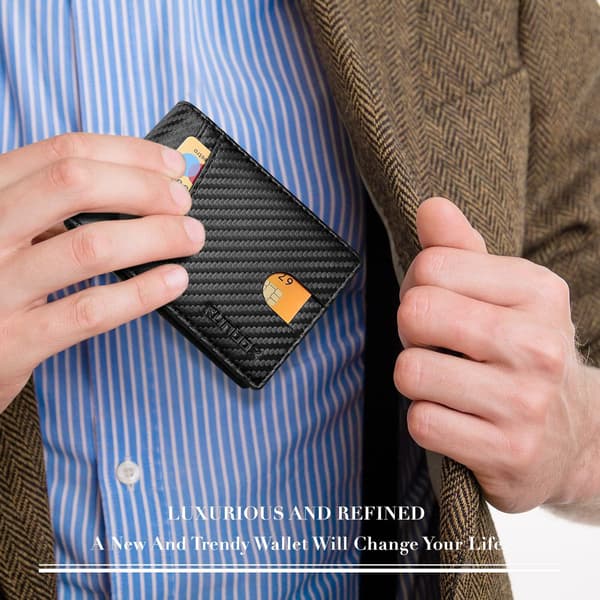 Plånböcker för män 15 kortfodral Slim Rfid Läder 2 ID-fönster med presentförpackning Herrtillbehör Carbon Black-15 slots