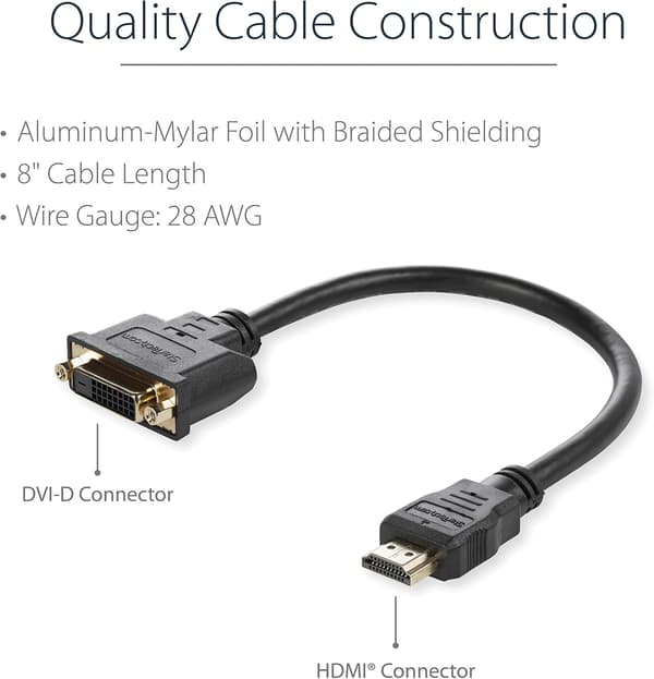 HDMI-han til DVI-hun-adapter - 8 tommer - 1080p DVI-D-kønsskifterkabel (HDDVIMF8IN)，2-pak