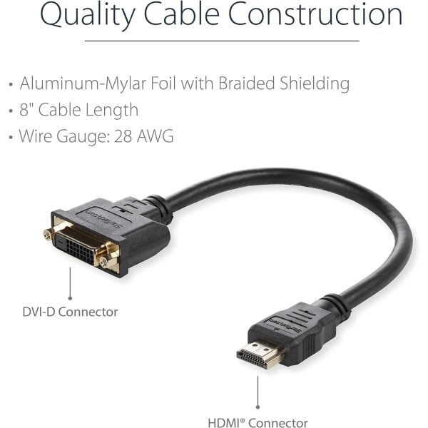 HDMI-hane till DVI-hona-adapter - 8 tum - 1080p DVI-D-könsändringskabel (HDDVIMF8IN)，2-pack