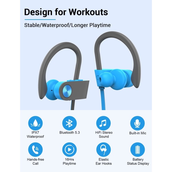 Bluetooth-hörlurar, 5.3 trådlösa sport-öronsnäckor IPX7 vattentäta med mikrofon, stereo svettsäkra in-ear-hörlurar, brusreducerande headset för gymkörning BlueGrey