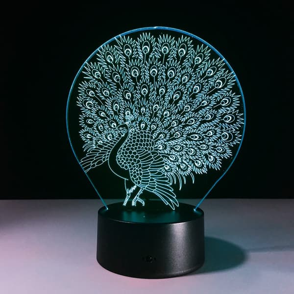 3D Påfugl Natlampe 7 Farveskift LED Bordlampe Julegave