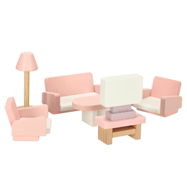 Dokkehusmøbler i tre i rosa
