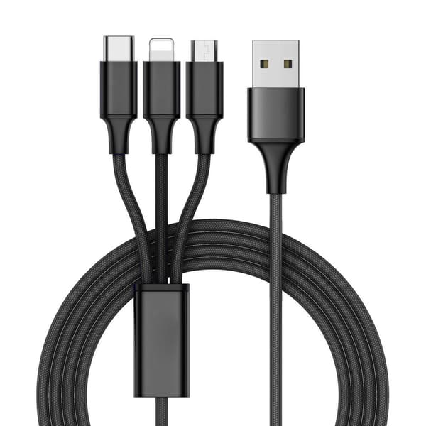 3-i-1 Ladekabel | Hurtigopladning Type-C, Micro USB & Lightning 1,2m