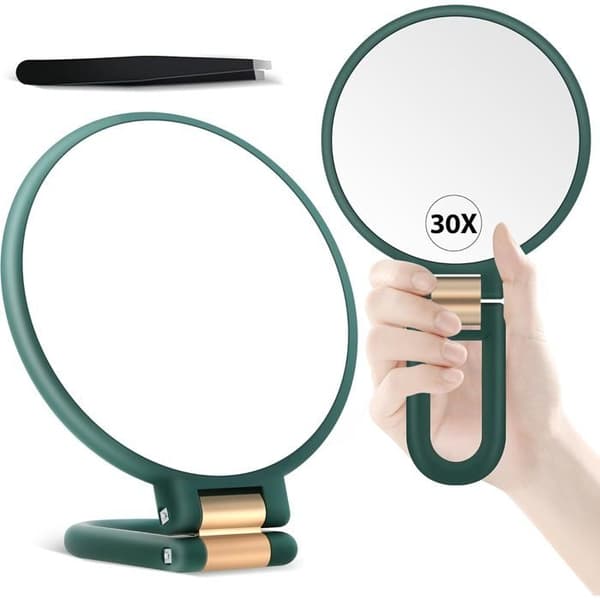 (White) 30X Magnifying Mirror with Handle - Double-Sided Makeup Mirror (1X/30X), Foldable and Portable for Makeup - Green