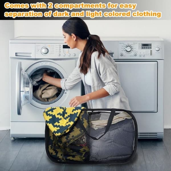 Foldable Laundry Basket with Handles, 2 Compartments Black Pop-Up for Toy Storage