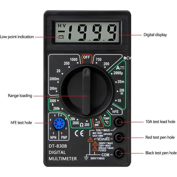 Multifunksjonelt bærbart multimeter for feilsøking av bilapparater, digitalt multimeter med isolerte sklisikre testledninger, kompakt design og