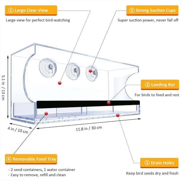 Rectangular Window Bird Feeder: Crystal Clear Acrylic with Strong Suction Cups, compatible with all bird species