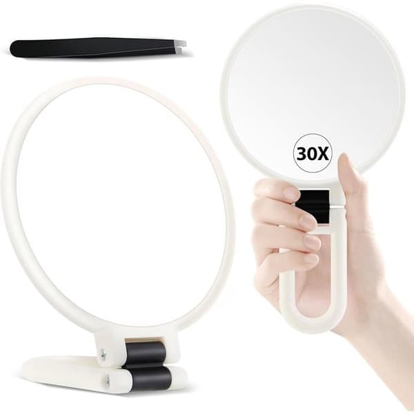 (White) 30X Magnifying Mirror with Handle - Double-Sided Makeup Mirror (1X/30X), Foldable and Portable for Makeup - White