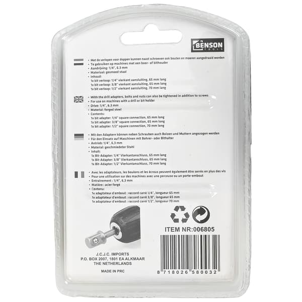 Adapterborr til hylse 1/4-3/8-1/2\" x 70 mm