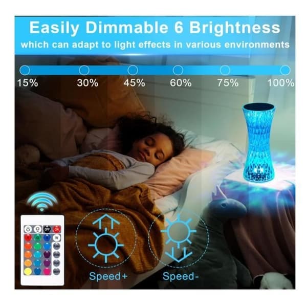 (Pink) Table Lamp - Acrylic - LED Crystal Lamp - 16 Colors - Dimmable - USB Rechargeable