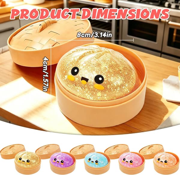 Glitter Dumpling, Glitter Dumpling Squishy med æske, Dumpling Sensorisk Klemmelegetøj til Stresslindring Guld