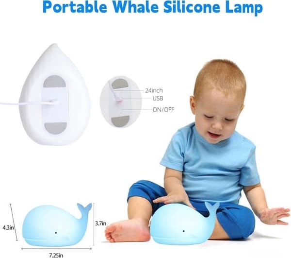 Sød hvalformet natlampe til børn, natlampe til soveværelset, silikone touch-lamper, bærbar