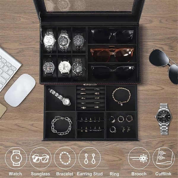 Watch Box, Men's Jewelry Box, 2-Layer Lockable Watch Holder