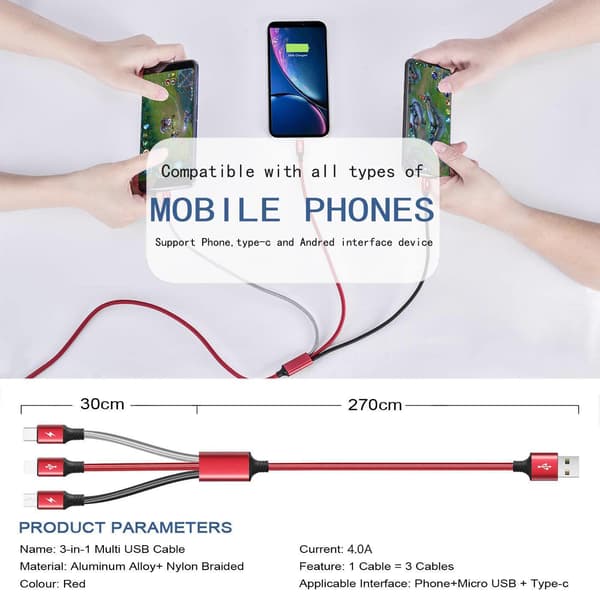 2026 Senaste Modell Multi Laddningskabel 3m 2-pack Multi Snabbladdningskabel Flätad Universell 3 i 1 Multi Laddningssladd Lång Multi USB-kabel