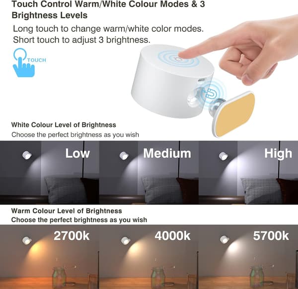 LED wall lamp, rechargeable battery operated, touch co