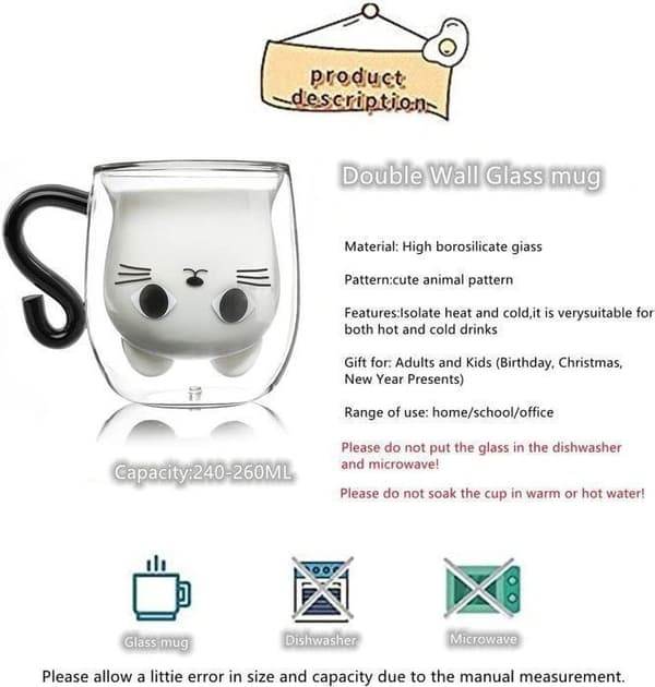 (White) Double-Walled Coffee Mug, Cute Double-Walled Cat Mug, 260 ml with Cat Coffee Mug Holds Latte Macchiato