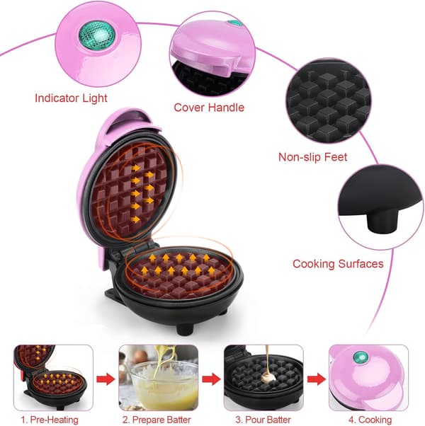 (Rosa) Mini Runt Våffeljärn och Pannkaksvåffeljärn för Julklappar, Mors Dag, Barn