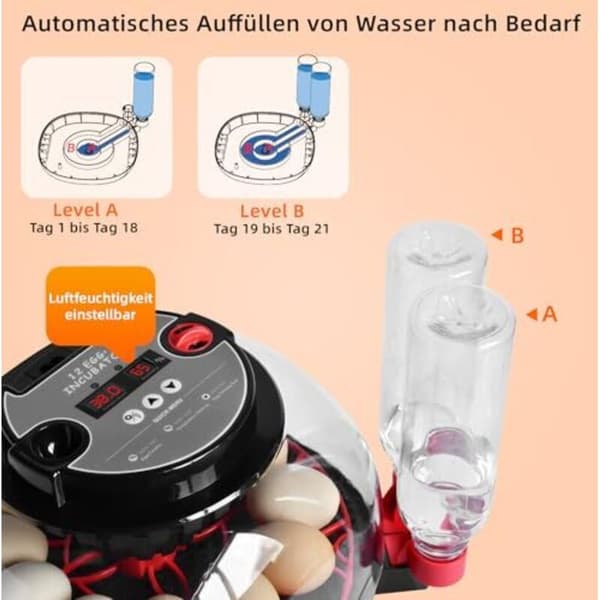 Automatic 12-Egg Incubator with Water Supply, Egg Turner, Temperature and Humidity Control, Hatching Machine