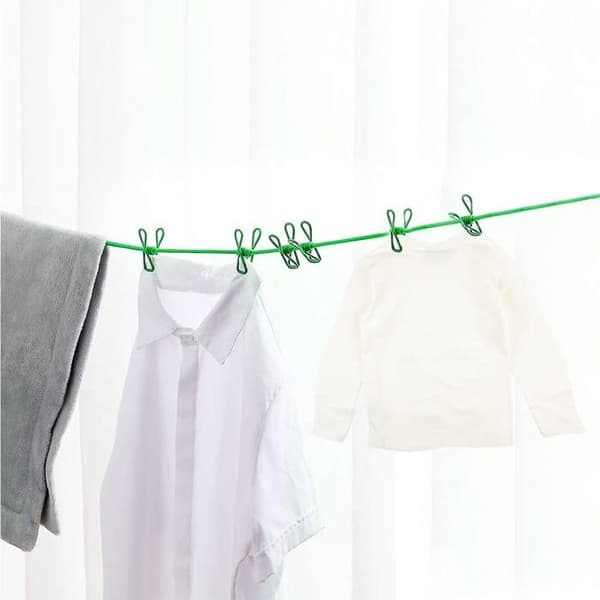 Camping Clothesline, 180 cm, Flexible and Portable Travel Accessories with 12 Windproof Loop Clips, Green