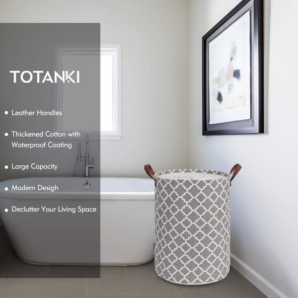 48L Large Laundry Hamper with Durable Leather Handle, Drawstring