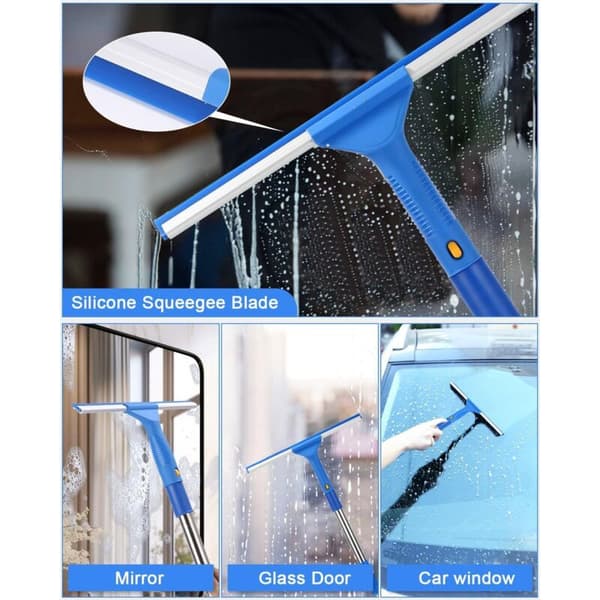 Professional Window Cleaning Set, Detachable Long Handle, 150 cm, 2-in-1 Window Cleaner, Soft Rubber Handle with Microfiber Cloth