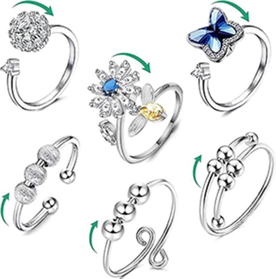6 stk Fidget angstringe Justerbare ringe sæt Justerbare ringe Fidget ringe Dameperlearmbånd, Stabelbare