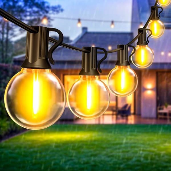 10m Outdoor Light String - Warm White G40 LED Bulbs, Connectable, Unbreakable IP44, Black