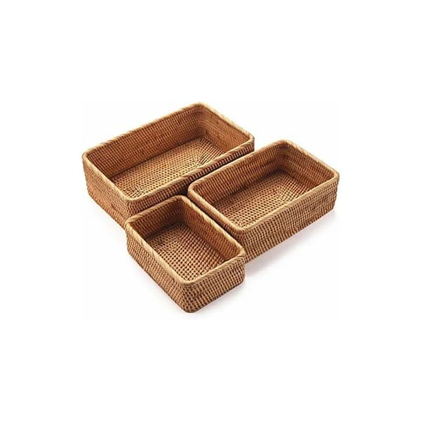 Rectangular Rattan Storage Basket, Rattan Basket for Fruit, Natural Woven Organizer for Kitchen/Dining Room (Set of 3)
