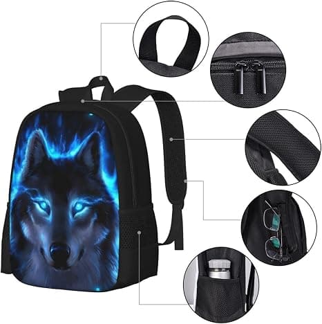 Blue Flame Wolf Howl Backpack School Backpack for Boys Girls, Casual D