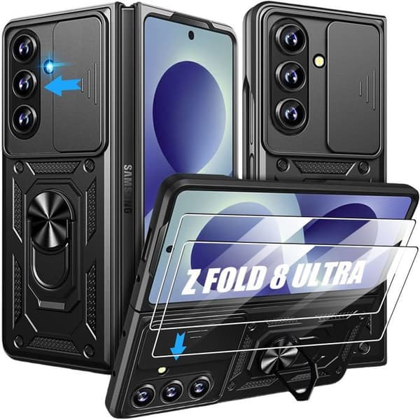 Protective Case for Samsung Galaxy Z Fold 8 Ultra, Shockproof with Camera Protection - Black - 2 Tempered Glass