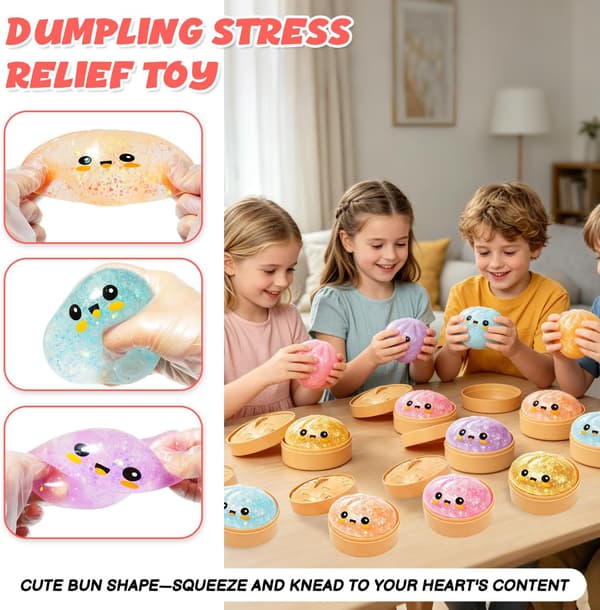 Glitter Dumpling, Glitter Dumpling Squishy med æske, Dumpling Sensorisk Klemmelegetøj til Stresslindring Guld