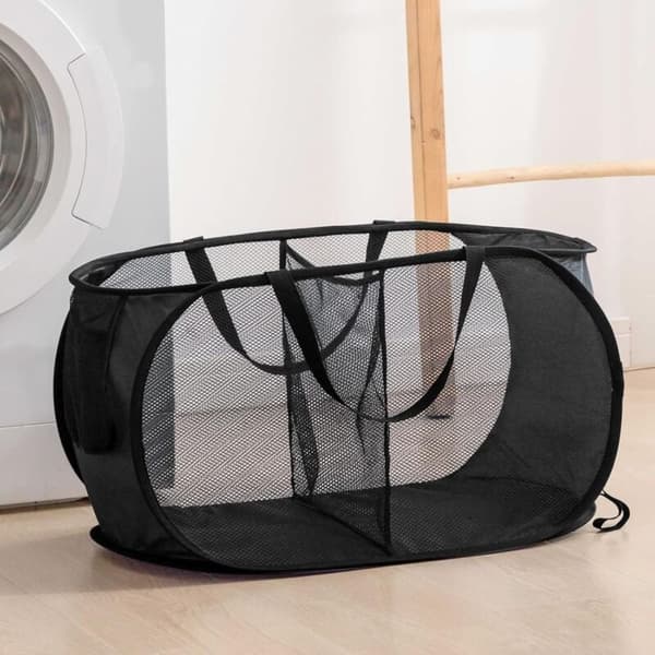 Foldable Laundry Basket with Handles, 2 Compartments Black Pop-Up for Toy Storage